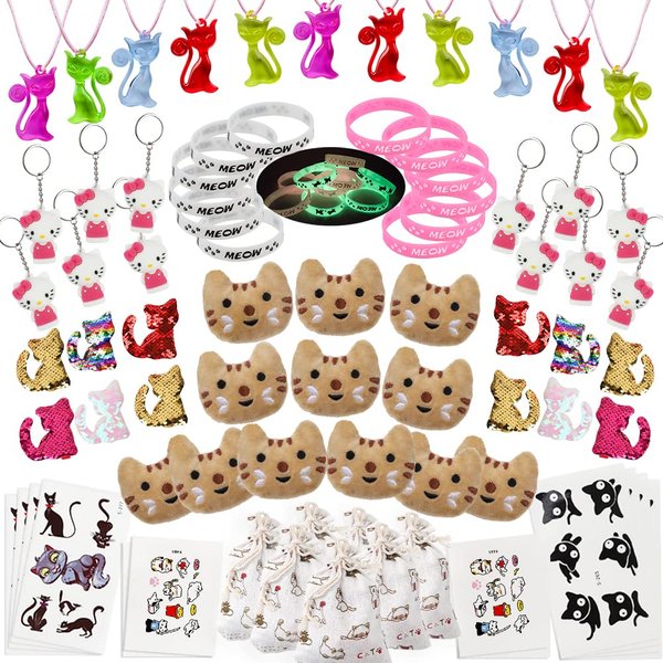 foci cozi 84 Pack Meow Cat Party Favors Supplies-Cat Necklaces,Bracelets, Keychains, Hair Clips, Tattoos,Brooch, Gift Bags Kids Girls Goodie Bags Birthday Party Supplies