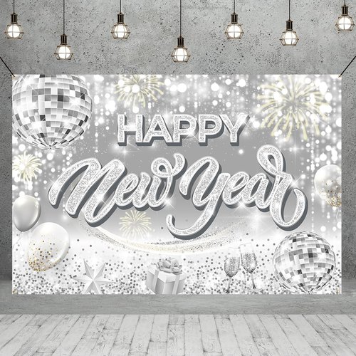 Happy New Year Backdrop-New Years Eve Party Supplies 2025 Silvery Happy New Year Backdrop Banner Background for 2025 New Years Decorations
