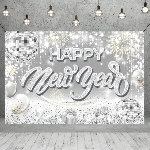 Happy New Year Backdrop-New Years Eve Party Supplies 2025 Silvery Happy New Year Backdrop Banner Background for 2025 New Years Decorations