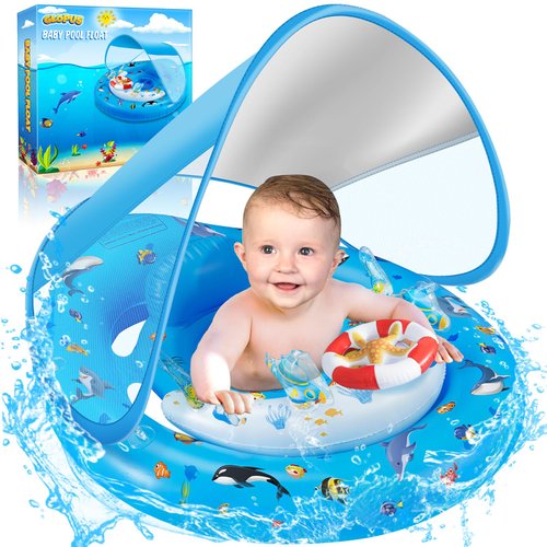 Baby Pool Float with Canopy, Infant Pool Float for 6-24 Months, Baby Swimming Float, Toddler Pool Float with UPF50+ Sun Protection Canopy & Toy Play Console, Adjustable Safety Seat