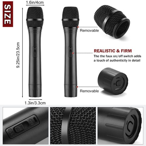 Facmogu 2PCS Fake Microphone Prop, Black Plastic Realistic Pretend Microphone Props for Kids, Fake Pretend Play Mic Toy Kids Mic Props for Karaoke Costume Christmas Cosplay Music Birthday Party Favors