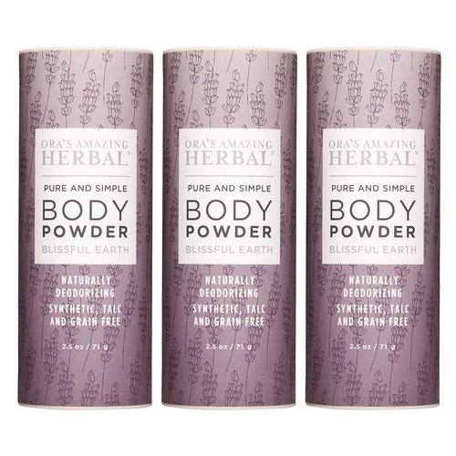 Natural Body Powder, 2.5 ounces Pack of 3, Dusting Powder No Talc, Corn, Grain or Gluten Blissful Earth Scent (Essential Oil Only No Synthetic Fragrance) non GMO Made in The USA, Ora's Amazing Herbal
