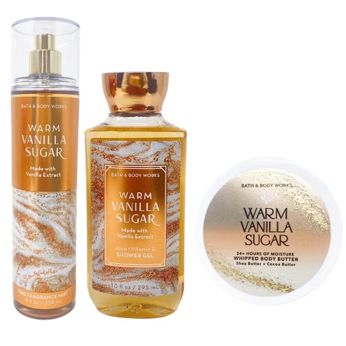 Warm Vanilla Sugar Gift Set Trio - Includes Fine Fragrance Mist, Shower Gel and Whipped Body Butter - Full Size