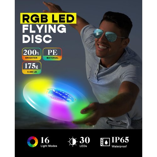 Xeuch Light Up Flying Disc, 175g Glow Disc with 30 RGBs, 16 Lighting Modes, 4 Brightness, 600mAh Rechargeable Battery, Built-in Timer and Sensor for Competitive & Casual Play, Gift for Men/Boys/Teens