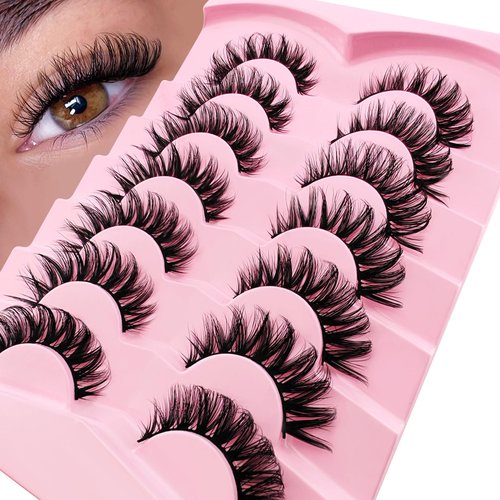 Russian Strip D Curl Lashes 15mm Fake Faux Mink Lashes that Look Like Extensions Curly Volume Cat-Eye Lashes Wispy Flu-ffy Eyelashes 7 Pairs Pack(HR-2D50)