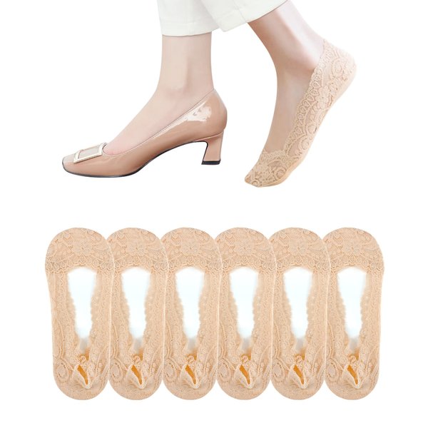 Fixseed No Show Socks Womens 6 Pairs Lace Socks Ultra Low Cut Socks for Flats Invisible Non Slip Thin Socks with Lace Trim