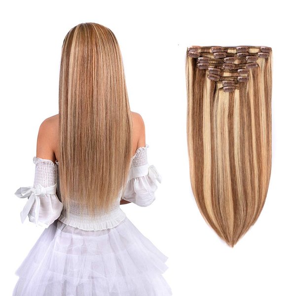 18" Remy Clip in Hair Extensions Human Hair #12/613 for Women Beauty - Short Silky Straight 8pcs 20clips Real Hair Extensions Clip in Human Hair (18 inches 100g #12/613 Golden Brown Mix Bleach Blonde)