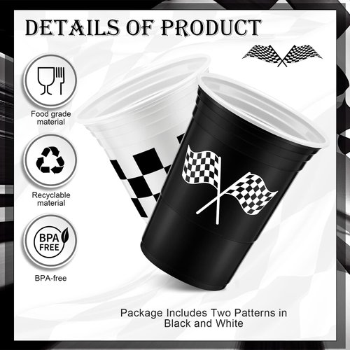 Teenyyou 24 Pcs Checkered Flag Party Supplies Checkered Plastic Cup 16 oz Race Car Cups Black and White Thick Checkered Cup for Racing Party Sports Themed Birthday Party Decorations