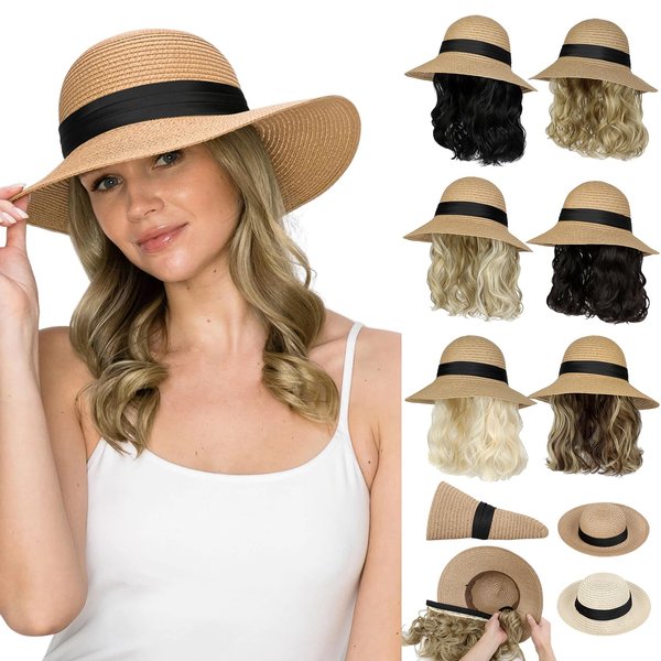 Cephermer Sun Hat, Straw Hat Wig Detachable Adjustable Hat with 12 Inch Synthetic Wavy Hair Extensions Foldable for Women Summer Beach Outdoors Ash Blonde Mix Bleach Blonde