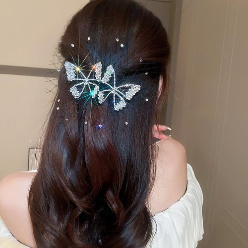 Wiwpar Crystal Rhinestone Butterfly Hair Barrette Halloween Lace Hair Bow Ponytail Holder Barrette for Women Girls Cosplay Daily Wear Mothers Day Gifts (White)