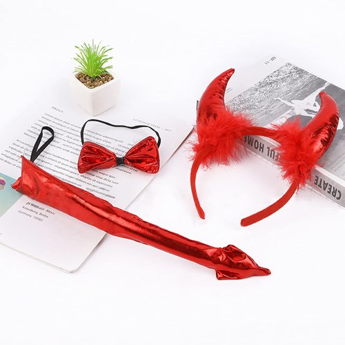 6 Pcs Halloween Devil Horns Headband Bow Tie Tail Red Devils Ears Hair Hoops Bands Bowtie Animal Cow Headpiece Hairband Women Christmas Holiday Festival Dress Up Cosplay Birthday Party Accessories