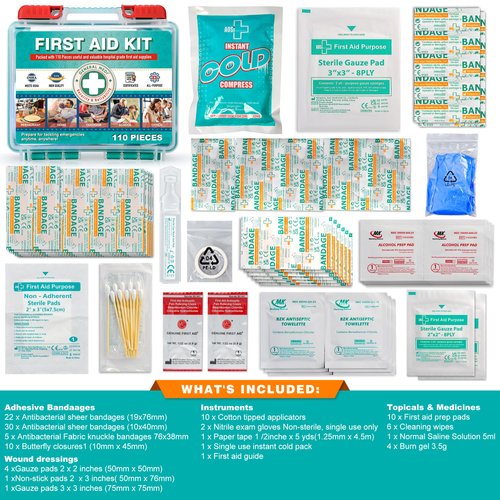 General Medi 110 Pieces Small First Aid Kit - HardCase First Aid Box - Contains Premium Medical Supplies for Travel, Home, Office, Vehicle, Camping, Workplace & Outdoor