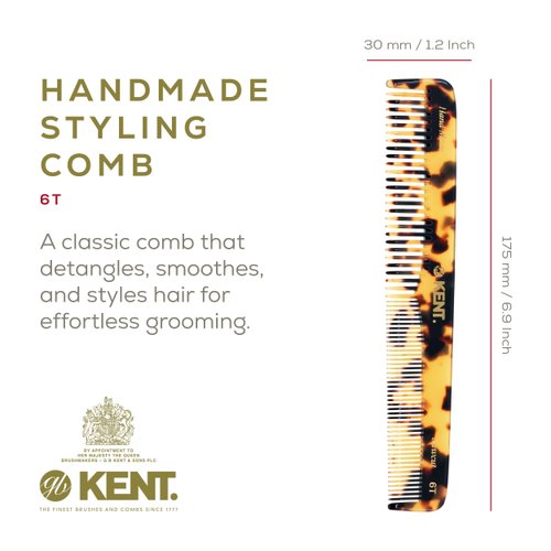Kent 6T TY Fine Tooth Comb and Wide Tooth Hair Comb - Handmade Styling Comb for Hair Care, Barber Combs, and Beard Combs For Men - Hair Styling Grooming Hair Combs for Men, Women and Kids - Hair Care