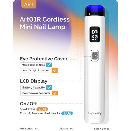 Melodysusie Handheld UV Light for Gel Nails, ART01R Cordless Gel X Nail Lamp Rechargeable with LCD Display, Eye-Protective Cover Flash Cure Nail Dryer for Rhinestone Glue Decoration DIY at Home White