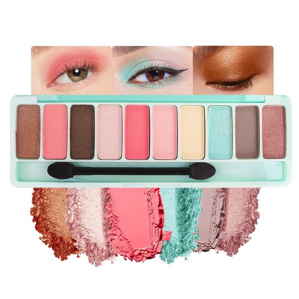 Ten-Color Eyeshadow Palette, Dark Brown Pink Brown Rose Red Yellow Sky Blue 10 Shimmer and Matte Shades, Blendable Powder, Dating Eye Makeup, Vegan and Cruelty-Free, Built-In Mirror and Brush, 05#