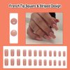 ANDGING French Tip Press on Nails Pink Square Medium Long Orange Fake Nails Gel Glue on Nails with Striped Design Coffin Stick on Nail for Wedding Manicure Women Acrylic False Nails with Glue CA8AL6