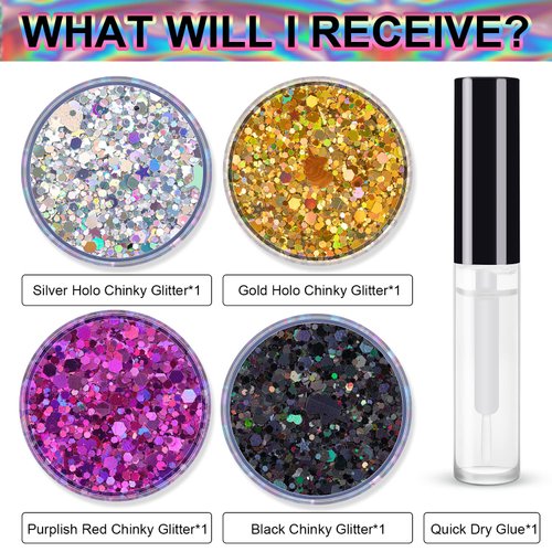 Holographic Chunky Glitter Silver Gold Purplish Red and Black Cosmetic Body Hair Face Eye Nail for Festival Carnival Concert Beauty Rave Accessories Different Shapes 4 Pots+ Quick Dry Primer Glue Gel