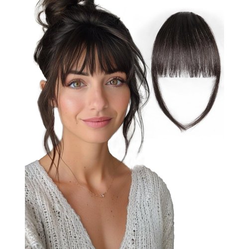 Rosooi Curtain Bangs Human Hair Clip in Bangs for Women Black Brown Color Fake Air Bangs for Dail...