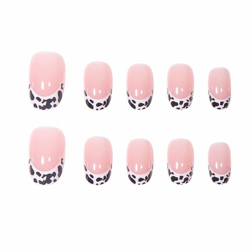 BABALAL Round Press on Nails Short Fake Nails Cow Print French Tip Glue on Nails 24Pcs Oval Acrylic Nails for Women and Girls