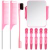 9 Pcs Hair Braiding Tools -2 Pieces Rat Tail Comb Parting Comb for Braiding 1Dual Edge Brush and Magnetic Wrist Sewing Pincushion Wristband Pin Cushion Holder with 5 Alligator Hair Clip (Pink)