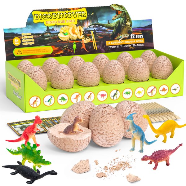 DoDoMagxanadu Dinosaur Eggs,12 Dino Eggs Dig Excavation Kit Dinosaur Toys for Boys, Science STEM Dinosaur Party Favors Goodie Bag Easter Basket Stuffers for Boys & Girls Ages 3-5 4-7 5-7+