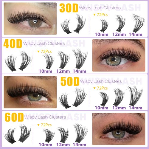 EYDEVRO Fluffy Lash Clusters Kit 30D40D50D60D Lash Extension Kit Cluster Eyelash Extension Kit 10-14mm D Curl Individual Lashes Kit Cluster Lashes with Waterproof Lash Bond and Seal Lash Tweezers