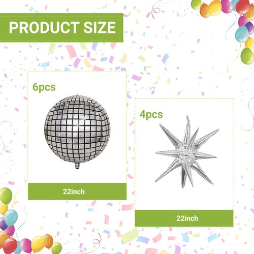 10 Pcs Disco Ball Balloons 6 Pcs Disco Party Balloons 4 Pcs Star Balloons 22 Inches Silver Disco Ball Balloons Metallic 4D Foil Silver Balloons for 70s 80s 90s Disco Party Supplies Decorations