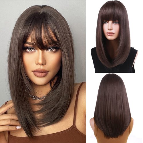 PATTNIUM Long straight Brown Wig for Women Brown Wig with Bangs Long Brown Bob Wig Layered Heat Resistant Synthetic Wigs (Brown)