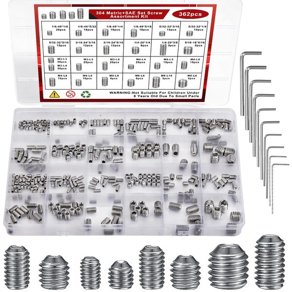 360 Pcs 25 Size Set Screw Assortment Kit Metric & SAE Allen Set Screws for Bathroom Fixture 304 Stainless Steel Internal Hex Drive Cup-Point for Door Knob, Faucets(M3-M8, 1/8"-40 to 5/16"-18)