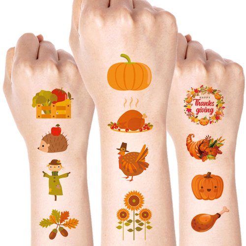 Xepeelo Thanksgiving Tattoo Stickers Autumn Turkey Temporary Fall Maple Tattoos Stickers Tattoo Art Stickers Sunflower Sticker Design Children Adult Body/Arm/Face Accessories for Thanksgiving Party