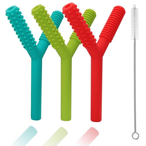 Teether Tubes for Babies 3-6 Months, 3 Pack Silicone Hollow Chew Tube Toy for Autistic Children, Y Shape Chewable Straw Baby Teether Toys for Infants Autism with Teething Nursing Biting Chewing