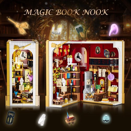 INSOON Magic Booknook Building Set with LED Light, 3.6mm Mini DIY Bookend Building Kit for Bookshelf & Home Decor, 1015 PCS Miniature Book Nook Building Block Model for Kids Adults Boys Girls Age 8+