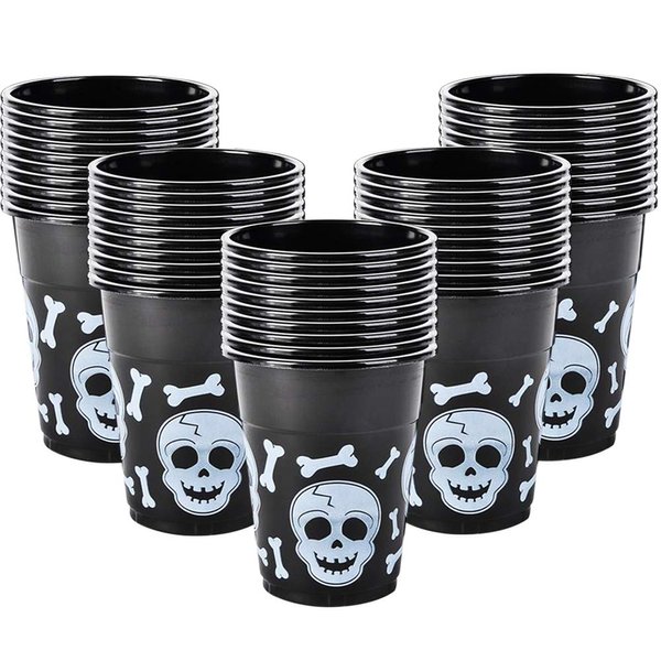 ArtCreativity 16oz Skull Disposable Party Cups, Set of 50, Plastic Party Cups for Halloween or Pirate Events, Spooky Skull and Bones Design, Fun Pirate Party Supplies, Black and White