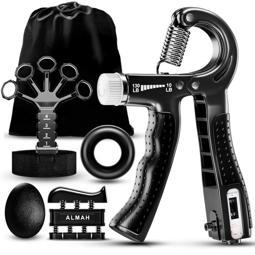ALMAH Hand Grip Strengthener kit(5 Pack),Grip Strength Trainer,Forearm Workout Trainer Adjustable Grip Exercises,Finger Grip Strengthener,Finger Stretcher,Grip Ring & Stress Relief Ball with Carry Bag