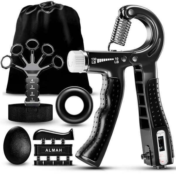 ALMAH Hand Grip Strengthener kit(5 Pack),Grip Strength Trainer,Forearm Workout Trainer Adjustable Grip Exercises,Finger Grip Strengthener,Finger Stretcher,Grip Ring & Stress Relief Ball with Carry Bag