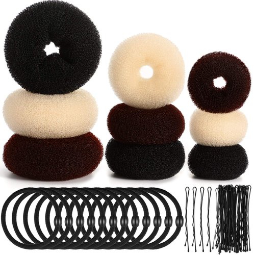 WILLBOND Hair bun maker set - 9 Pieces Donut Bun Maker in 3 Sizes, 12 Elastic Hair Bands, 32 Hair Pins (Black, Brown, Beige)