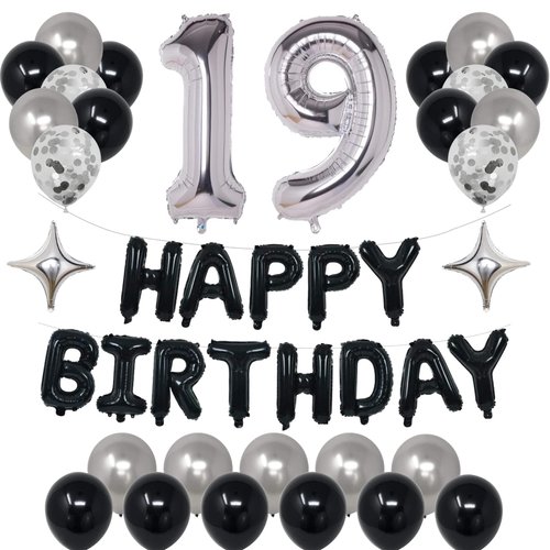 NANINUNENO 19th Black Silver Birthday Party Decorations for Men Women, Happy 19 Birthday Party Supplies with Black Happy Birthday Banner, Silver Foil Stars, Happy Birthday Balloons for 19th Birthday