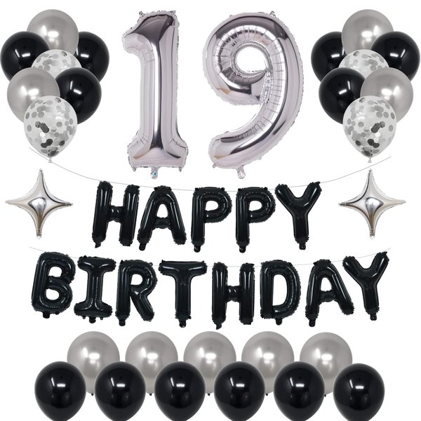 NANINUNENO 19th Black Silver Birthday Party Decorations for Men Women, Happy 19 Birthday Party Supplies with Black Happy Birthday Banner, Silver Foil Stars, Happy Birthday Balloons for 19th Birthday