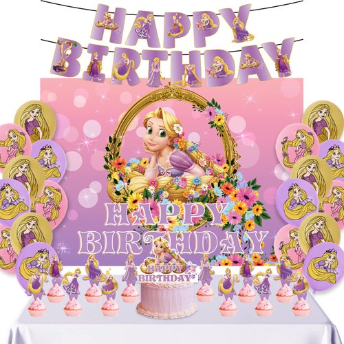 Princess Birthday Backdrop Princess Birthday Party Supplies Included Happy Birthday Banner,Cake Toppers,Cupcake Toppers,Balloons Princess Party Decorations