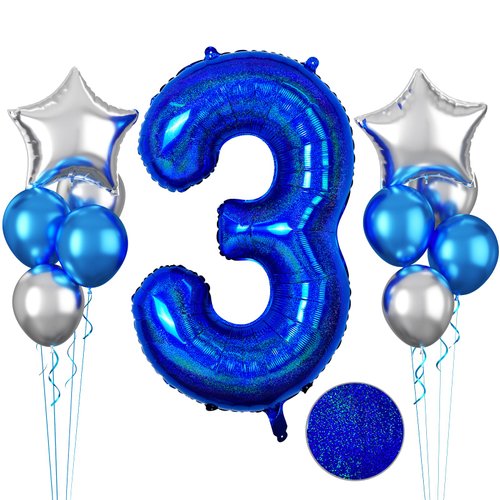 Glitter Blue Number 3 Balloon, 40 Inch 3rd Birthday Balloons, 11Pcs Metallic Blue Latex Balloons Metallic Silver Star Balloons Number 3 Foil Balloon for Boys Girls 3rd Birthday Party Decorations