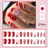 Christmas Press on Nails Square Medium Fake Nails with Snowflake Red White Stripes Pattern, Winter Xmas Design False Nails with Glue Full Cover Artificial Acrylic Nails -24pcs
