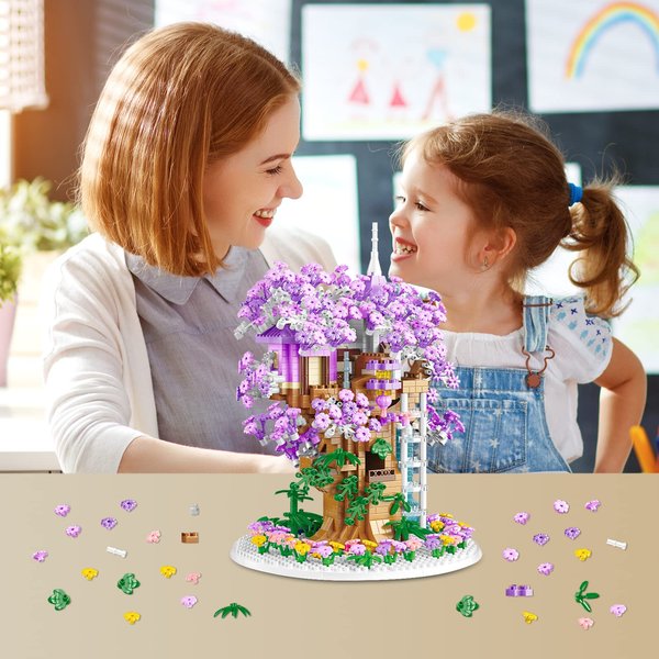ZYLEGEN Cherry Blossom Tree House Building Kit with Light,Sakura Tree House Mini Bricks Sets Flower Botanical Collection Building Toy,Creative for Home/Office Desk Décor(1,380Pcs)