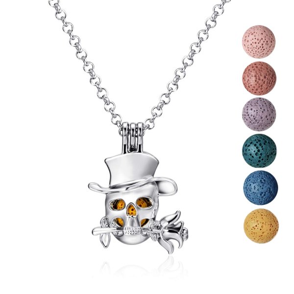 Wild Essentials Top-hat Skull Essential Oil Diffuser Nickel Free Alloy Locket Pendant with 24 inch Chain, 6 Lava Stones, Customizable Color Changing Perfume Jewelry for Aromatherapy