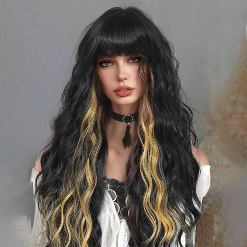 xccoco Black Wig with Bangs Long Wavy Wigs for Black Women Black Wigs with Yellow Highlight Wig Natural Curly Synthetic Wig for Women Daliy Party Use,Hair Replacement Wigs 26"