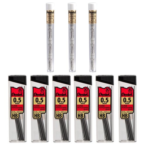 Pentel Eraser and Lead Refill Pack for Mechanical Pencils - Super Hi-polymer Lead Refills Value Pack, 0.5mm 6 Pack of 30 Pieces – Pack of White Eraser Refills 3 Packs of 4 Erasers