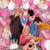 Pink Happy Birthday Decorations Set with Happy Birthday Banner and Confetti Balloons,Glitter Fringe Curtains,Star and Heart Birthday Balloons，Hanging Swirls for Women Party Supplies