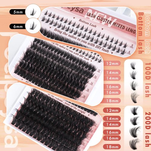 Focipeysa Eyelash Clusters 100D 200D Lashes Extensions with Bottom Lash Volume Lash Clusters 256pcs Individual Eyelash Extensions 12-18mm Mixed Eyelash Extensions DIY D Curl Lash Extension at Home