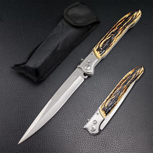 Generic EDC Push Button Lock 12"" Pocket Knife with Slide Safety Lock，Assisted Opening Folding Knives，Stainless Steel Blade and Wooden Pattern Handle，Combat Knife for Camping Hunting