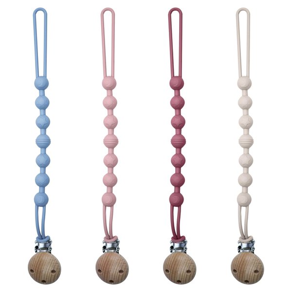 Silicone Pacifier Clip Holder with One Piece Beads Design Soft Flexible Binky Clips for Baby Boys and Girls, 4 Pack Pacifier Clip for Baby Newborn Essentials, Teething Relief