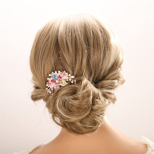 Aimimier Flower Crystal French Hair Comb Luxury Rhinestone Gem Side Combs Long Teeth Hair Pins Styling Hair Accessories for Women Girls(Colorful)